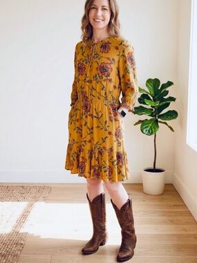 Knox Rose Golden Yellow Floral Print BOHO Style Ruffle Neckline Dress-Pockets-Lg